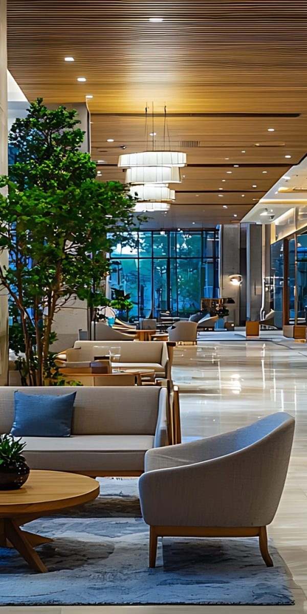 Stylish hotel lobby in Geojedo with contemporary furniture.