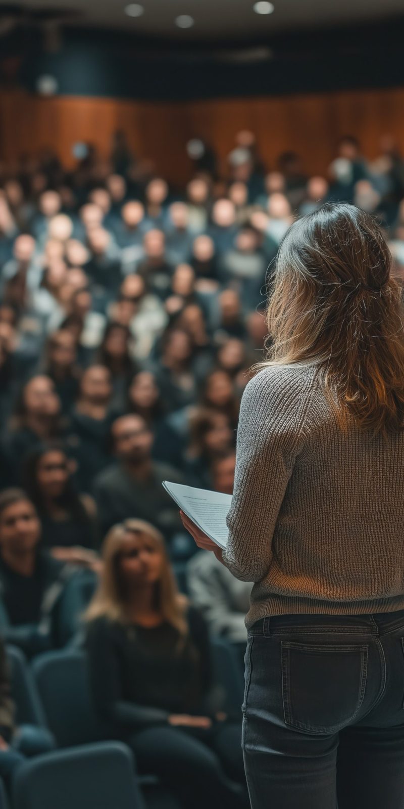 A woman stands in front of a large crowd, holding a book