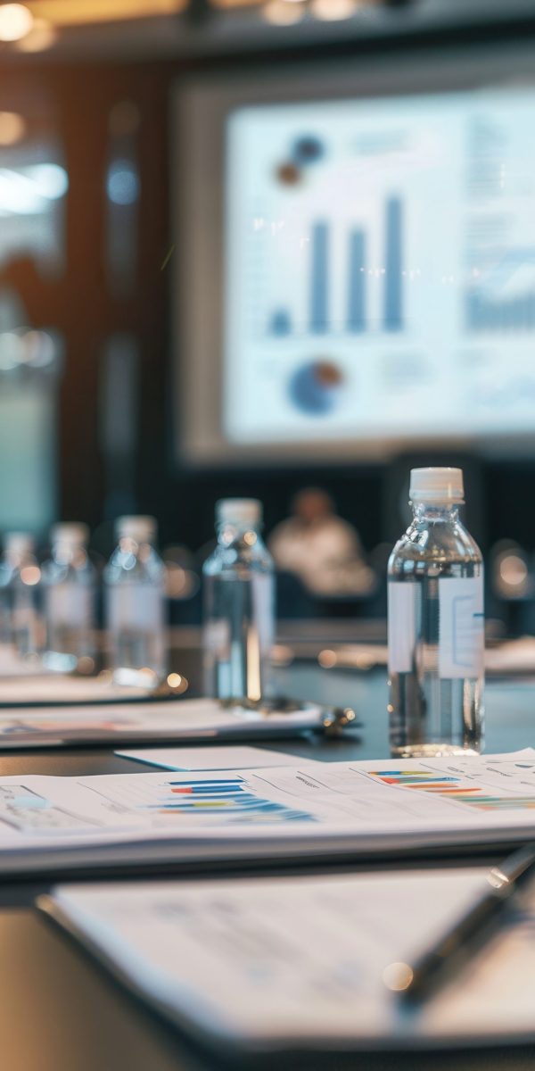 A financial expert speaks to attendees in a sleek conference room while presenting data on business growth through charts and graphs.
